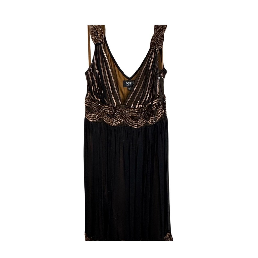 Adrianna Papell Art Deco Style Black and Bronze Sequin Gown 8